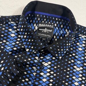 Barabas Mens L Geometric Diamond Short Sleeve Button Down Shirt Black Blue White